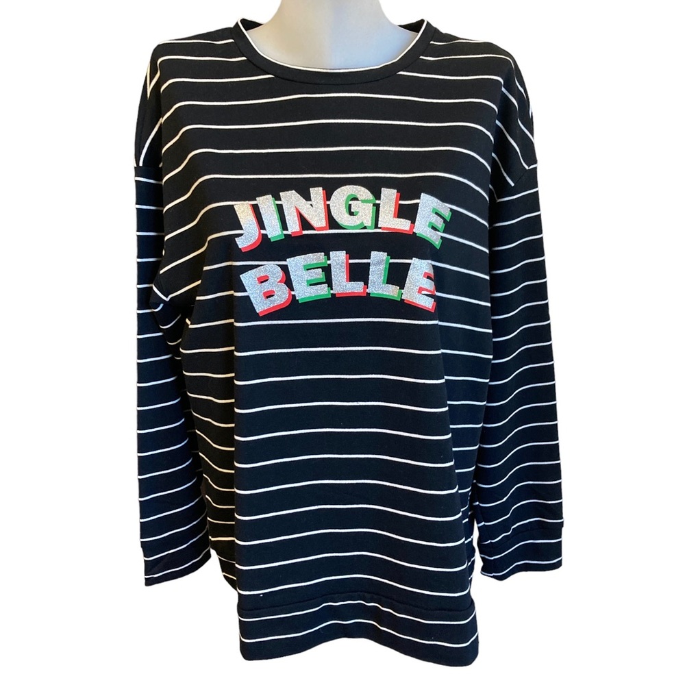 Ellen Tracy jingle belle Black white striped top Long sleeve size L large NWOT